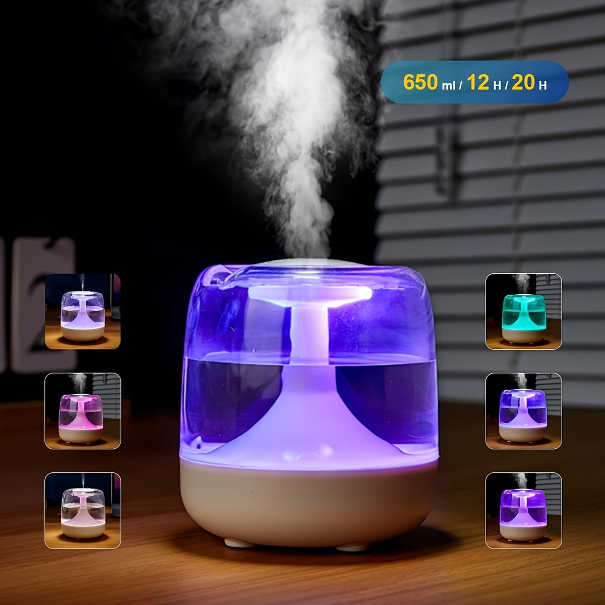 Quiet USB-Powered Humidifier Suitable for Home with 7-Color Night, Operation, Low Noise (26dB), Visible Water Level Indicator & 24 Runtime - ABS Cool Mist Diffuser for Bedroom,, Office, Perfect Gift for &