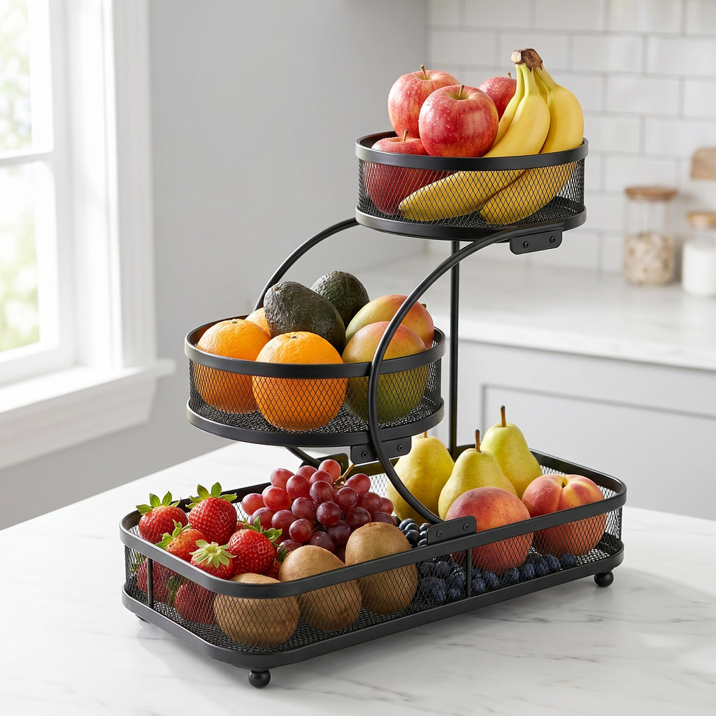 3-Tier Black Metal Mesh Storage Rack with Hooks Space-Saving Countertop Organizer for Kitchen, Bathroom Room Decor | Heavy-Duty Cosmetic Perfume Toiletry Display Stand, Shelf Baskets