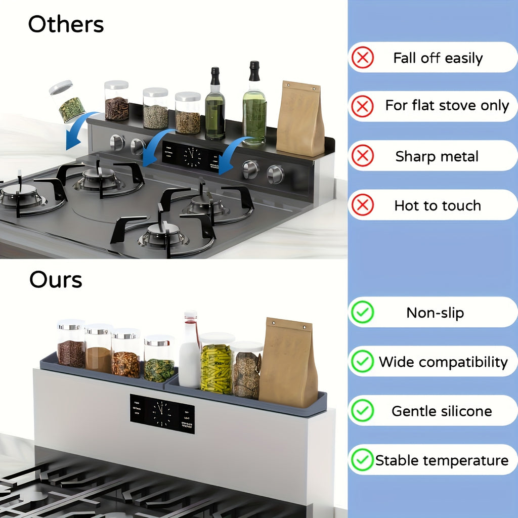 30-Inch Silicone Stove Organizer with Ultra-Strong Suction Base | Non-Slip Space-Saving Storage Rack for Spices, Utensils & Kitchen Tools | Heat-Resistant, Dishwasher-Safe & Durable Design for Gas & Electric Stoves, RV, Small Kitchens