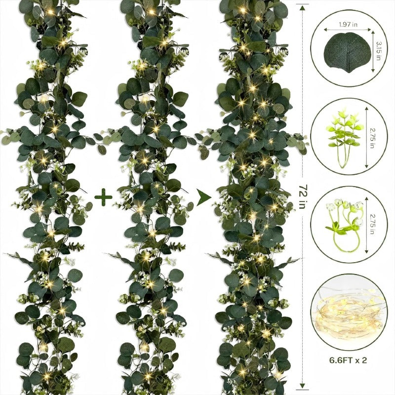 LED Eucalyptus Greenery Vines, 2-Pack Artificial Leaf Garland with Listed 6-Foot Length and Warm Lights for Wedding Tables, Centerpieces and Home Decor
