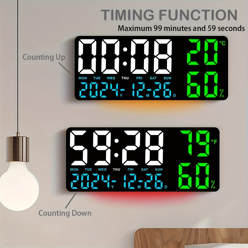 Large Screen LED Alarm Clock - Luminous Display of Week, Temperature, Humidity, and Timer - Ideal for Bedroom, Living Room, and Office with Sleek Modern Design.