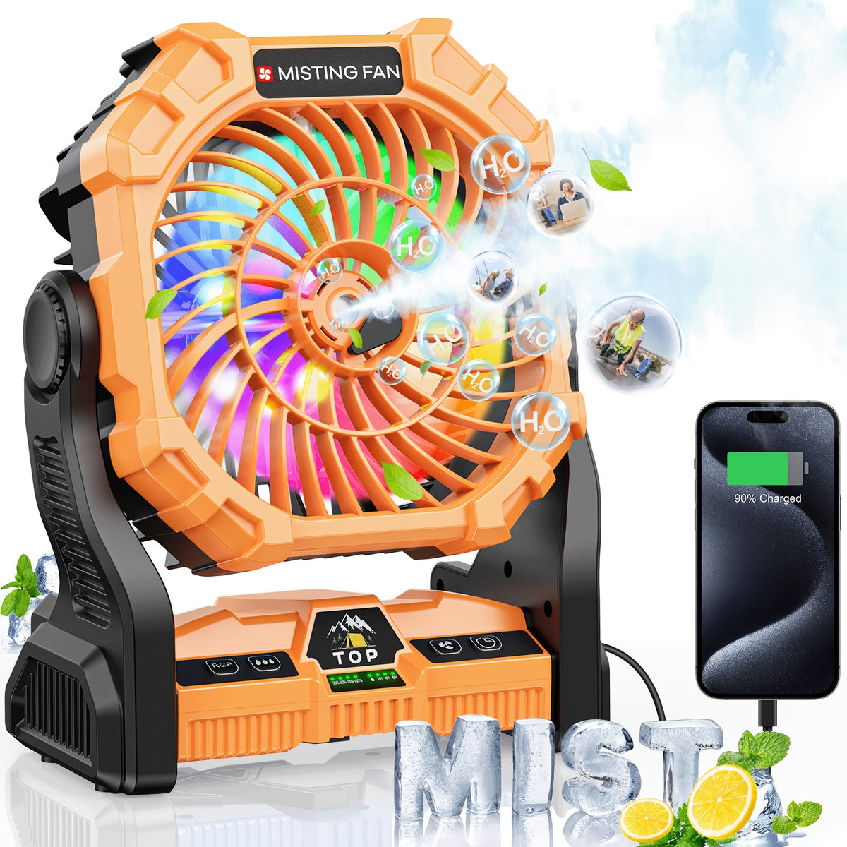 20000mAh Rechargeable Camping Fan, Basic/ Misting/ Solar Panel Options, 4 Speed Settings, RGB Mood Lighting, Tent Hook, Phone Charging, Portable Outdoor Fan For Camping, Sports Events, Power Outages & Construction Sites
