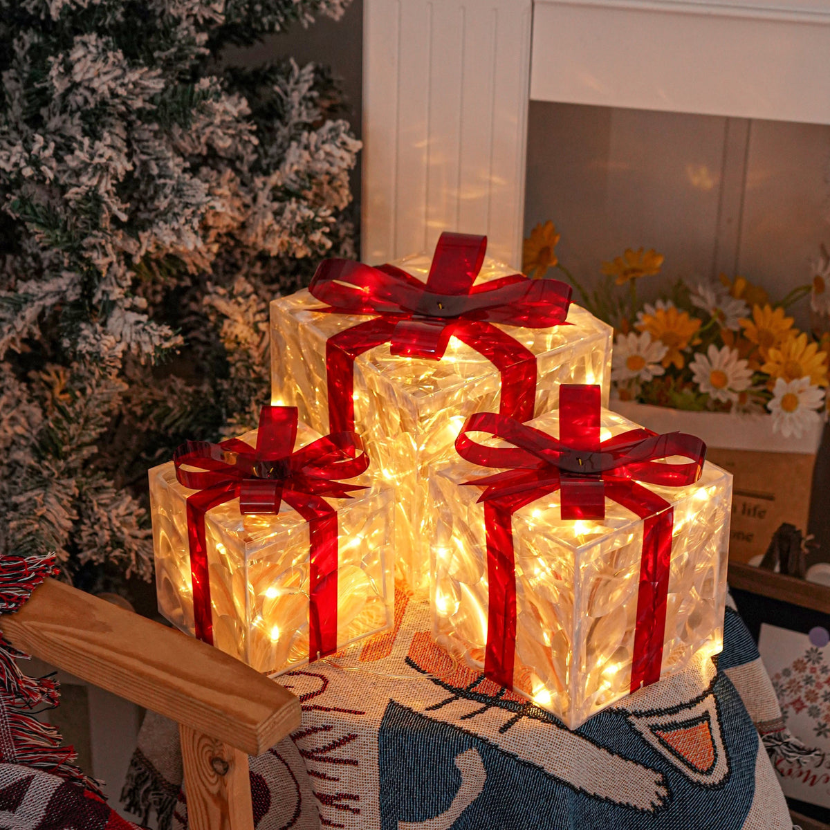 A Set Of 3 Christmas Color Boxes, USB/battery Dual Power Supply, 8 Lighting Modes, 8-hour Timer, Warm White Christmas Color Box, Gift Box with Red Bow for Christmas Tree, Home Decoration, Christmas Day Decoration, And Christmas Outdoor Decoration