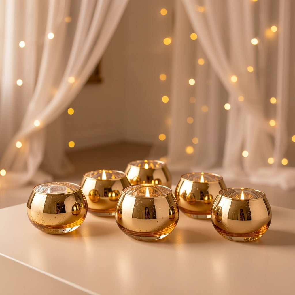 Votive Candle Holder Set in Colored Glass, 6 or 24-Piece Tealight Table Decor in Golden Pink Silvery or Green for Weddings, Romantic Dinners and Holidays