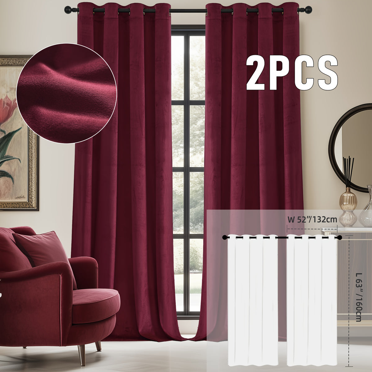 2pcs Velvet Room Darkening Curtains | Vintage Soundproof and Thermal Insulated, Elegant Soft Velvet Grommet Top Curtains for Living Room and Bedroom, Unlined, Solid Color, Fashionable Valentine'S Day Décor