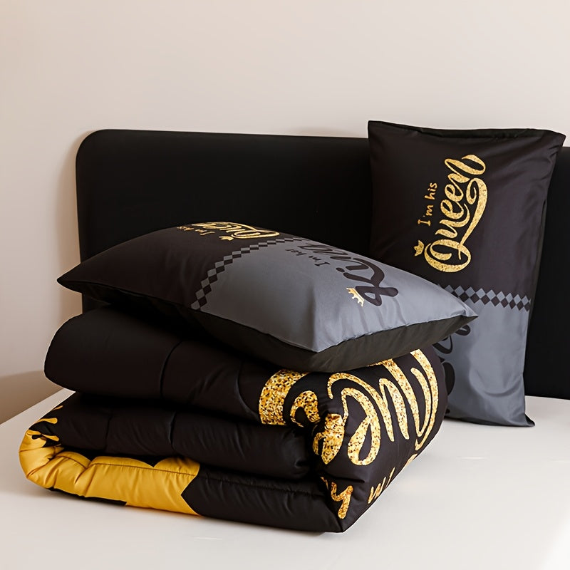 King and Queen Comforter Set, 3 Piece Crown Letter Print Bedding with 180 GSM Padding and Two Pillowcases for Bedroom and Dorm Decor