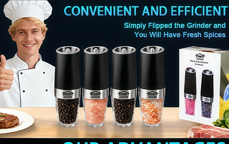 2pcs Gravity-powered Electric Salt and Pepper Grinder Battery-powered LED Light One-handed Automatic Operation Adjustable Coarse Grinder Grinder Black Rocking Chair Creative Kitchen Gadget Gift Battery-powered to Choose