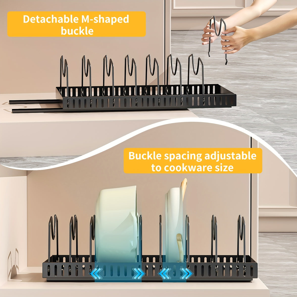 Pull-Out Pot Lid Organizer with Adjustable Dividers, Sliding Pan and Bakeware Storage Rack for Kitchen Cabinets, Black or White in 1 or 2 Packs