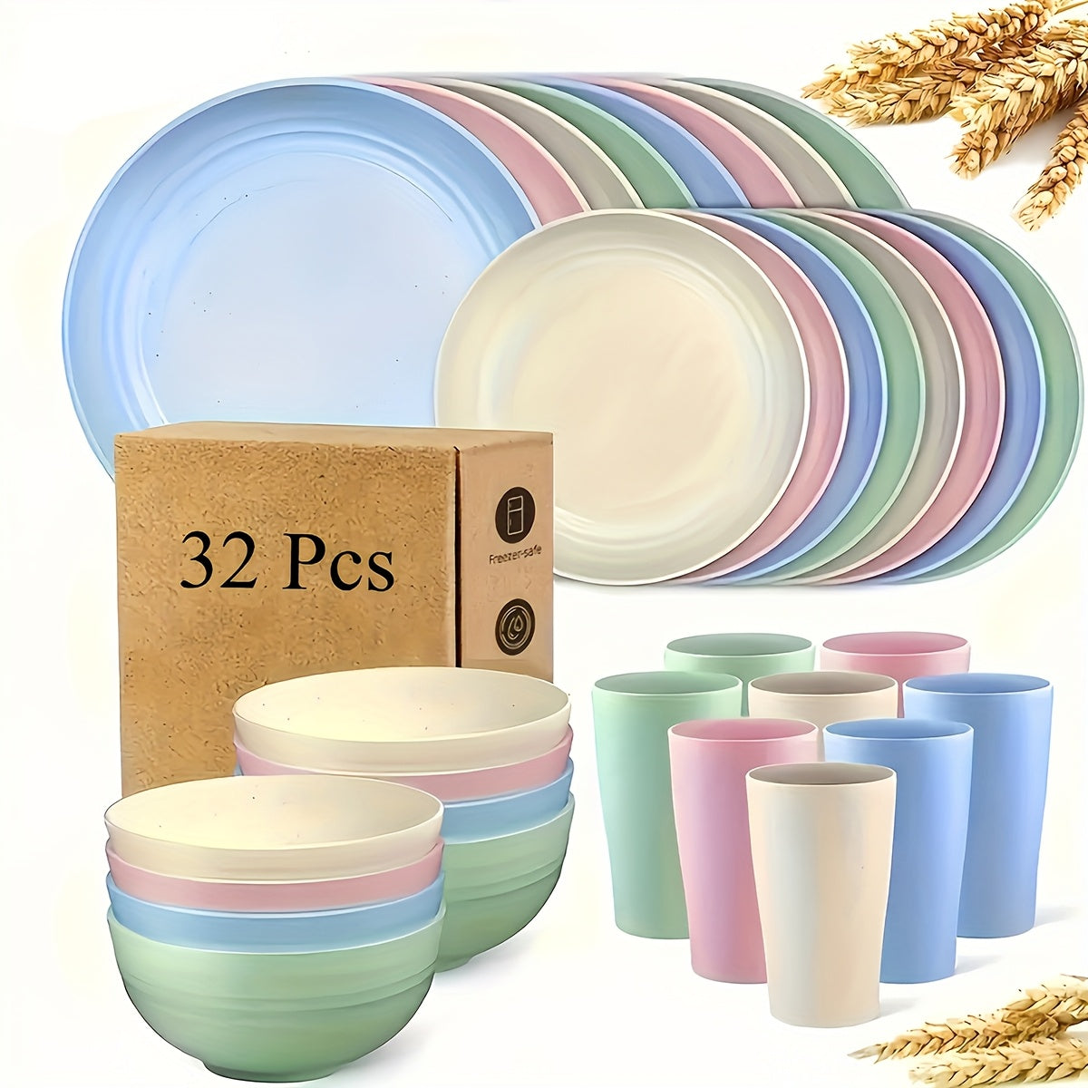 32/16pcs Dinnerware Set Made from Wheat Straw, Designed for 8 Or 4 People, Includes Kitchen Additions, Unbreakable Modern Plates, Dessert Plates, Bowls, And Cups. Safe for Dishwasher And Microwave, Lightweight for Camping And Daily Use