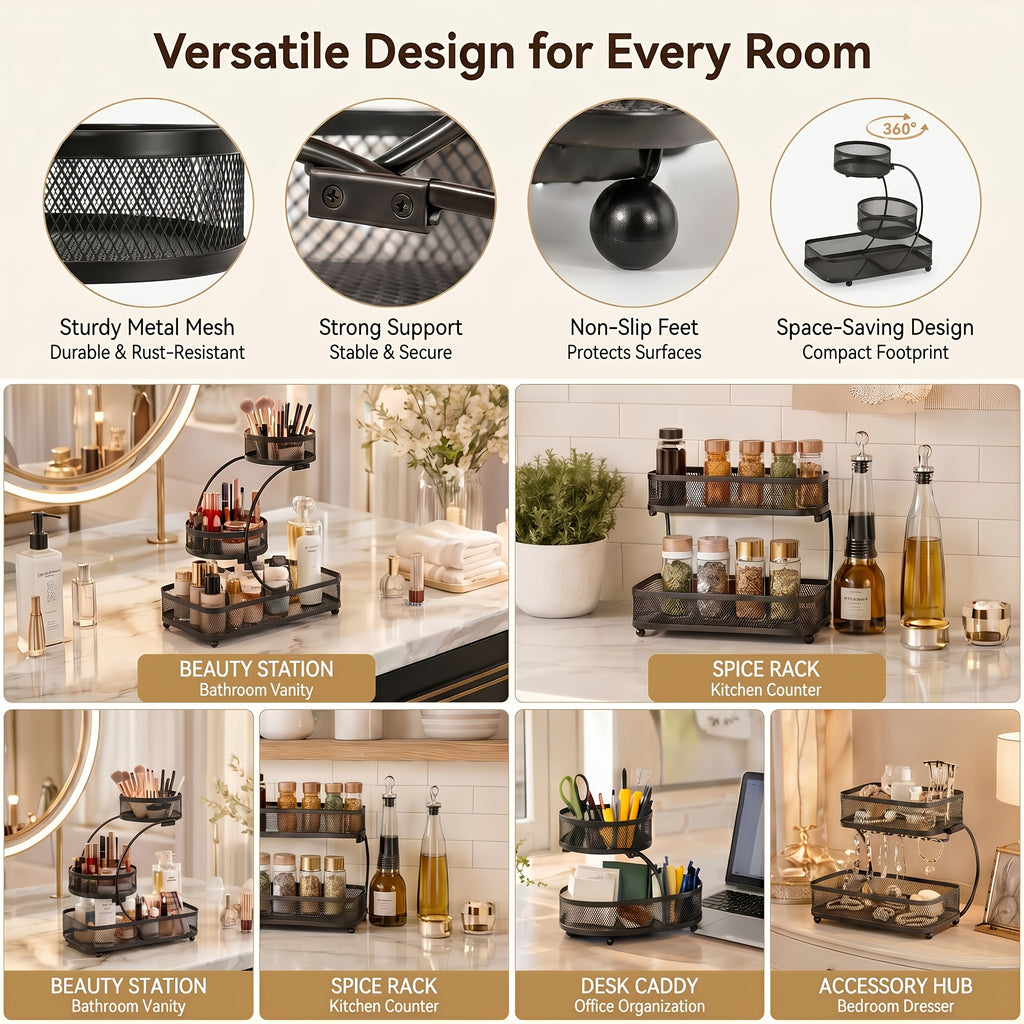 3-Tier Black Metal Mesh Storage Rack with Hooks Space-Saving Countertop Organizer for Kitchen, Bathroom Room Decor | Heavy-Duty Cosmetic Perfume Toiletry Display Stand, Shelf Baskets