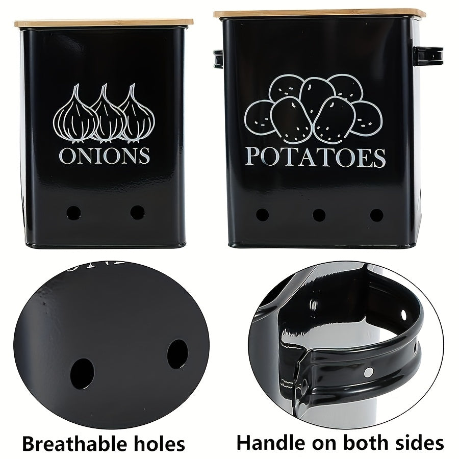 Kitchen Storage Canister, Potato Onion Storage Bin With Aerating Tin Storage Holes & Wooden Lid, Kitchen Organizers For Onion, Potato, Fruit, Black