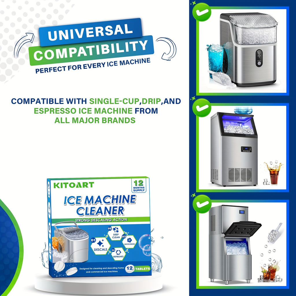 12 Ice Maker Cleaning Tablets - Gentle Formula for Deep Cleaning, Deodorizing & Scaling, Safe & Non-Toxic, No Residue, Sodium Chloride Formula, Compatible with All Ice Machines, 12pcs/24pcs/36pcs Three Specifications Are Available