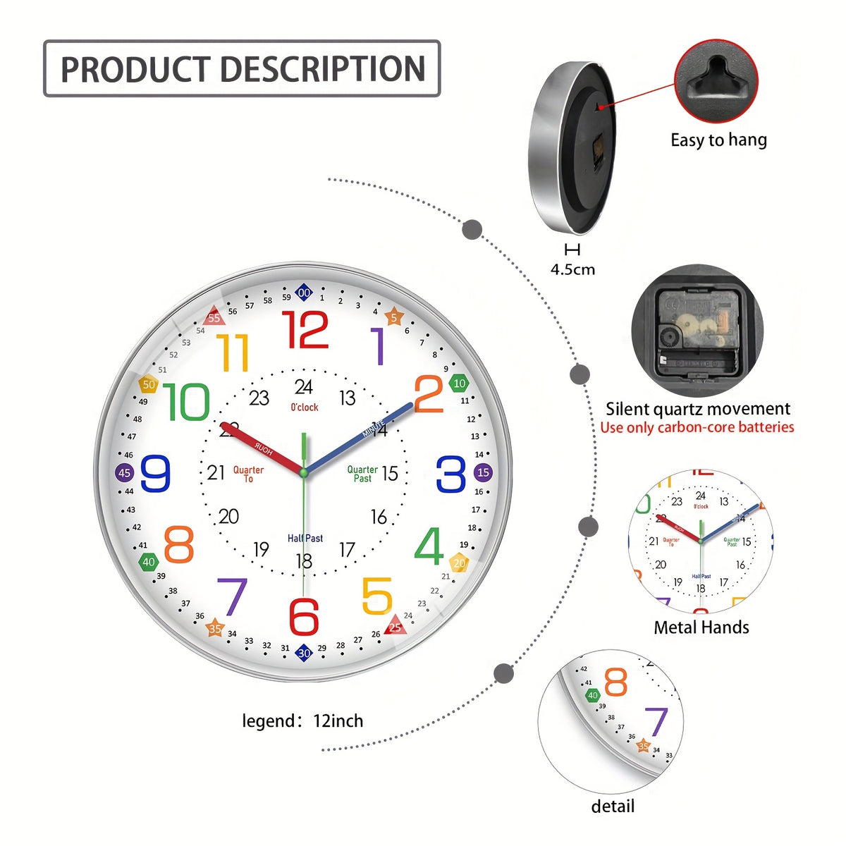 Modern Wall Clock for Bedroom & Classroom, Silent Non-Ticking Quartz Clock, Battery Operated (AA Batteries Not Included), Decorative Timepiece for Living Room & School, 8/10/12/14/16 Inch Options-Perfect Teacher's Day & Back-to-School Gift