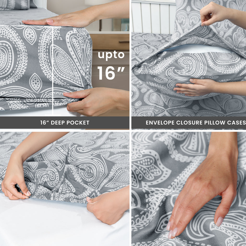 Paisley Bed Sheet Set, Soft Double Brushed Microfiber Bedding with 16-Inch Deep Pocket Fitted Sheet and Pillowcases in Six Sizes for Bedroom Comfort