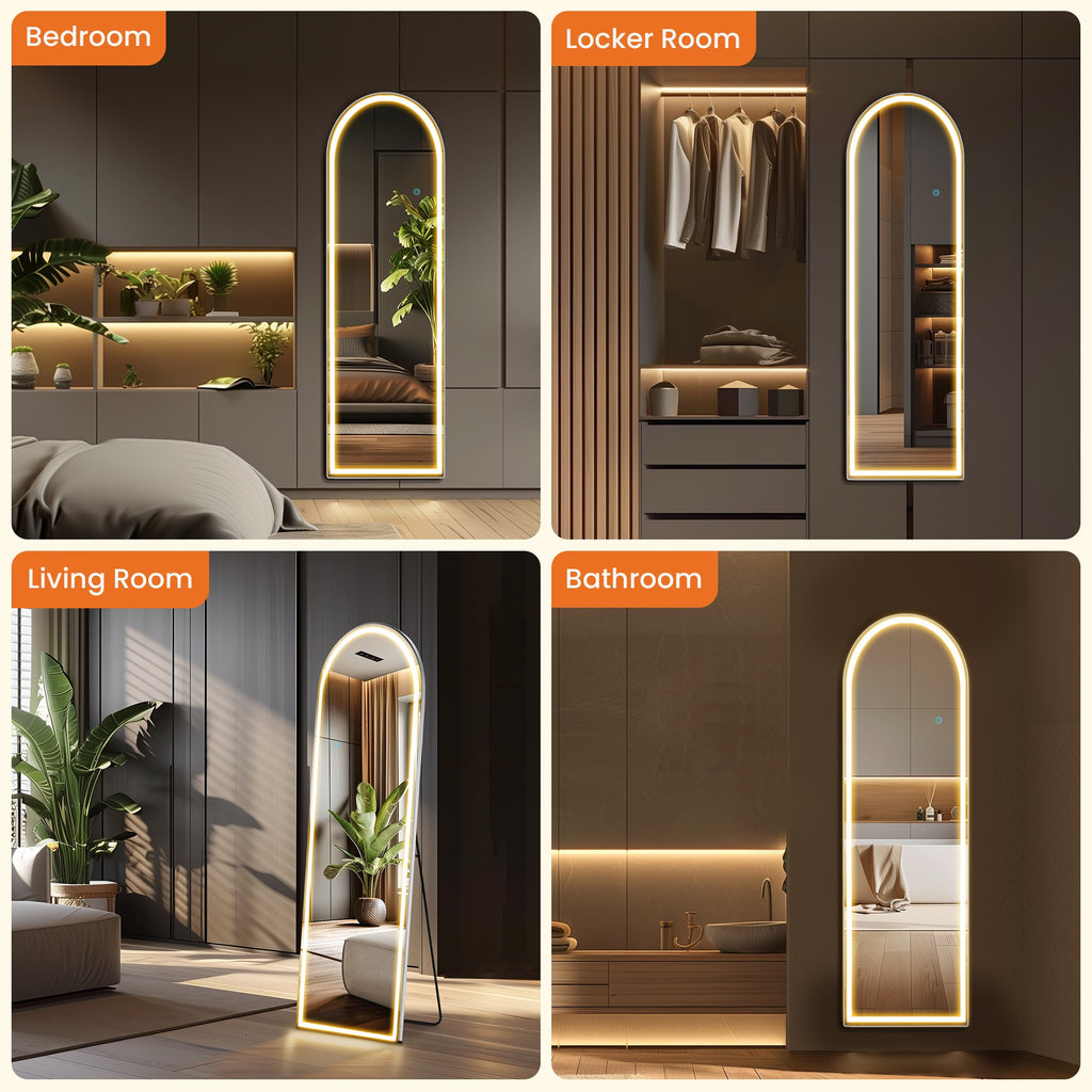 MCQ Arched/Rectangular LED Full Length Mirror, Full Body Floor Mirror Standing Hanging or Leaning Wall, Arch Wall Mirror with Stand Aluminum Alloy Thin Frame for Bedroom, Bathroom, Store