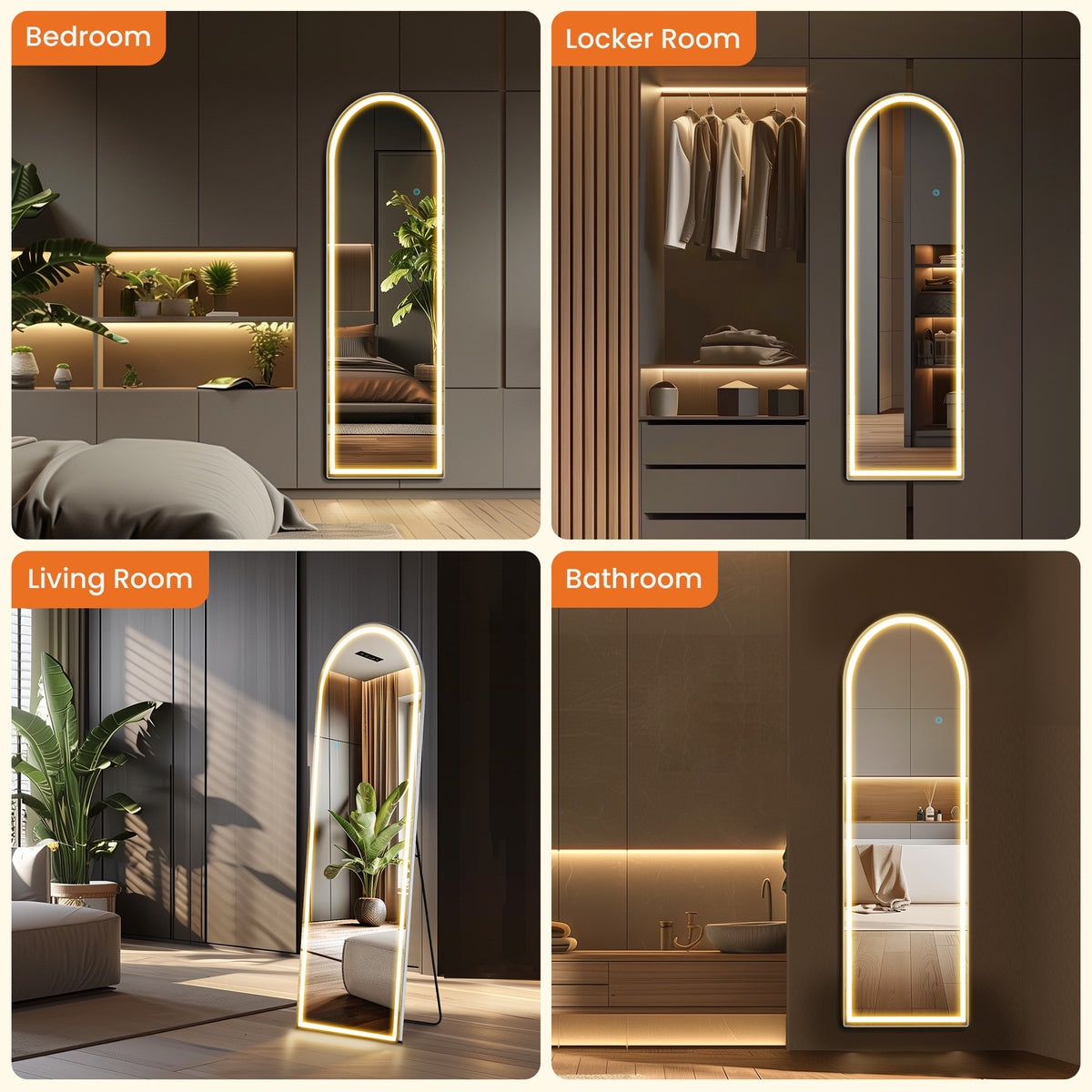 MCQ Arched/Rectangular LED Full Length Mirror, Full Body Floor Mirror Standing Hanging or Leaning Wall, Arch Wall Mirror with Stand Aluminum Alloy Thin Frame for Bedroom, Bathroom, Store