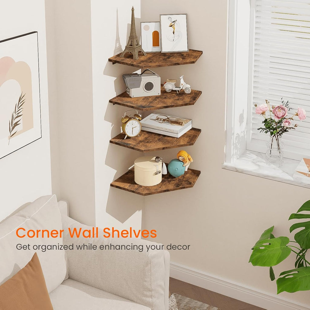 4pcs Solid Wood Corner Shelf Set - Rustic Brown Wall-Mounted Cable Management Shelves with Wire Hole Design & Hidden Wiring for Bathroom, Bedroom, - Space-Saving Corner Shelves Suitable for Cable Boxes & Storage Organization