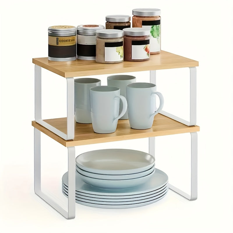 Set of Two Adjustable And Stackable Shelf Organizers - Versatile Wooden Storage Rack for Kitchen Counters, Spices, Bathrooms, And Pantries - a Space-Saving Gift for Home Organization Enthusiasts And Cooking Aficionados