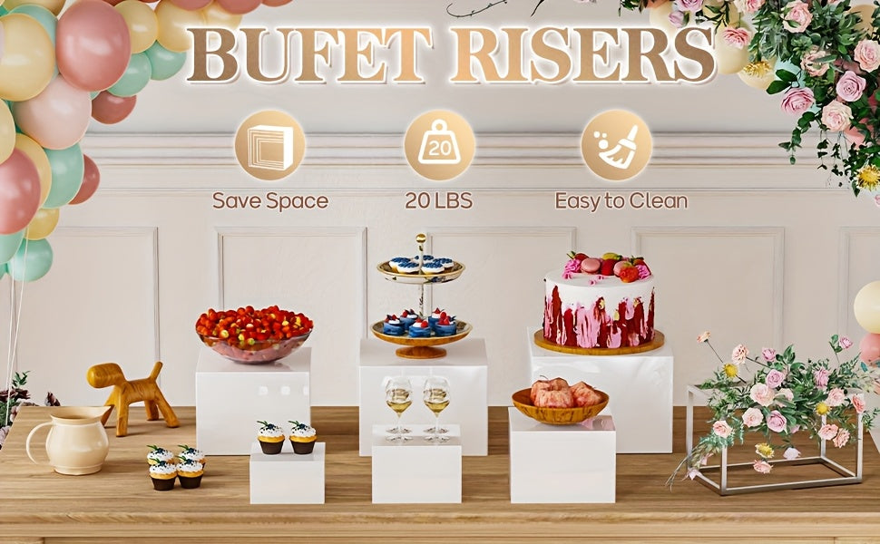 6pcs Buffet Risers, Large Food Risers for Buffet Table, Display Stand Shelf for Party, Catering, Jewelry & Collectibles, White Acrylic Nesting Boxes for Food Display (10" 9" 8" 7" 6" 5"), Gift for Valentine's Day, Birthdays, Weddings, Thanksgiving