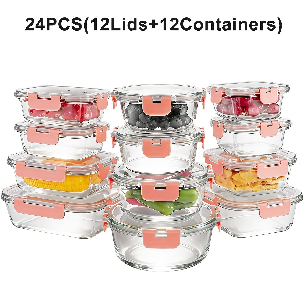24pcs Glass Food Storage Containers with Lids, Meal Prep, Pantry Kitchen Storage Containers for Lunch, Leak Proof, Airtight Glass Lunch Bento Boxes for Microwave, Oven, Freezer And Dishwashe(12Lids+12Containers)