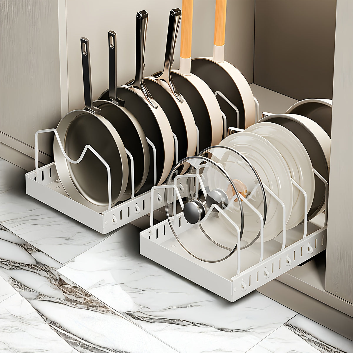 Slide-Out Cookware Organizer, Metal Cabinet Rack with Adjustable Dividers for Pots, Pan Lids, Baking Trays and Plates in Black, White or Gray, 1 or 2 Pieces