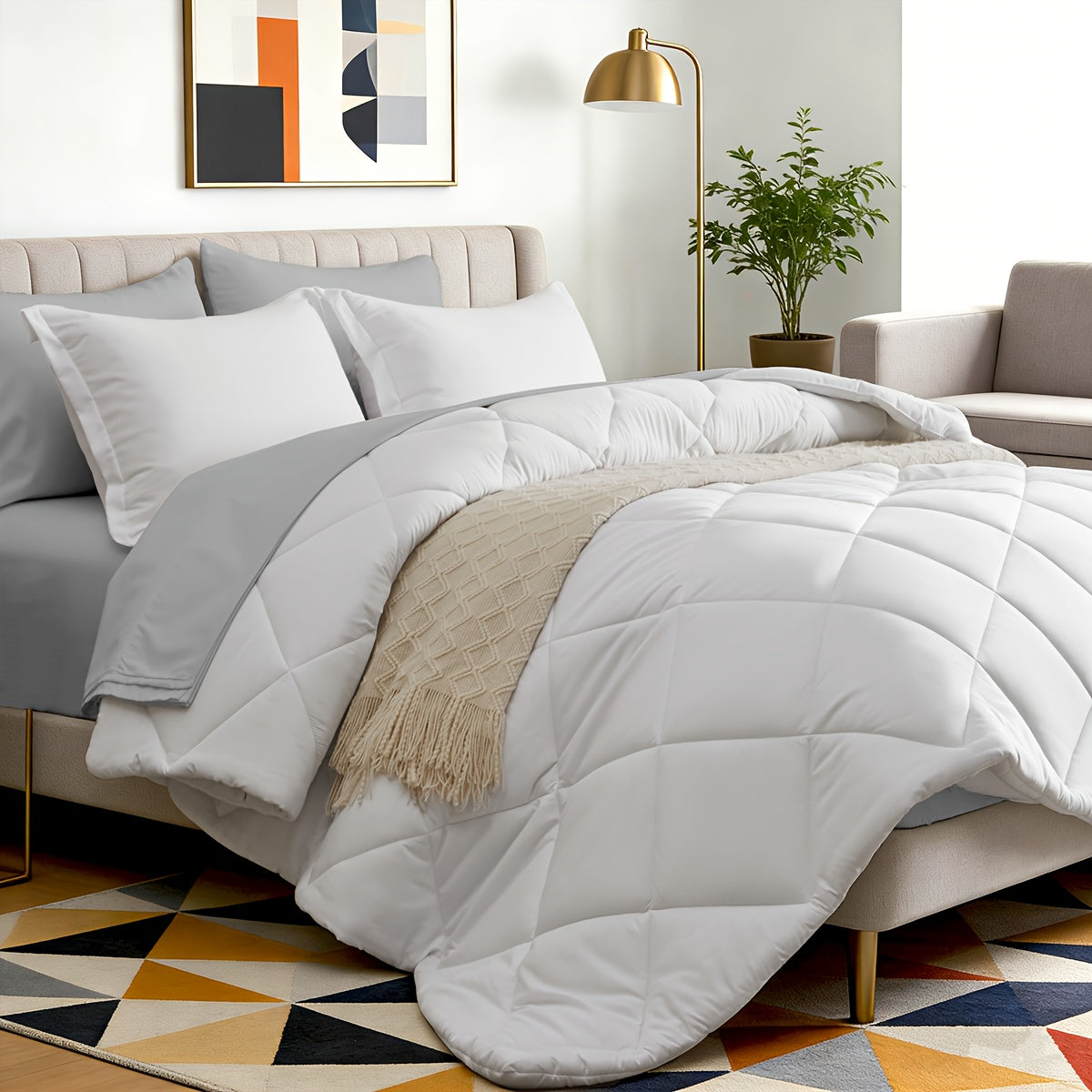 5/7pcs Luxurious Double-sided Checked Pattern Comforter Set-Breathable-Ultra Soft Fluffy Fiber Filling, Warmth for All Seasons-Bed In A Bag with Comforter, Flat Sheet, Fitted Sheet, Pillowcases, And Pillowshams, Family Gift Set, Random Color