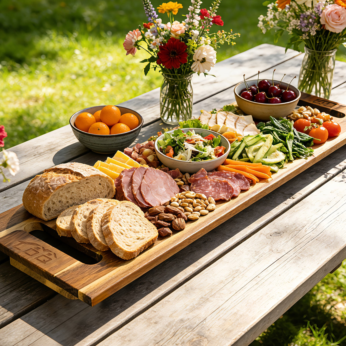 36X12 Inch Extra Large Acacia Wood Charcuterie Board & Cutting Board with Handles, 3Ft Rectangular Cheese Serving Platter for Meat Appetizers, Oversized Grazing Board Food Display Tray for Party Entertaining Housewarming Mother'S Day Gifts BBQ
