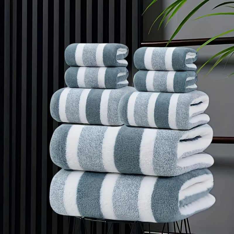 8pcs Set, No Hair Loss, Super Absorbent, Super Soft Two-color Striped Interval Bath Towel Combination, Including 2 Large Bath Towels, 2 Large Face Towels, 4 Hand Towels
