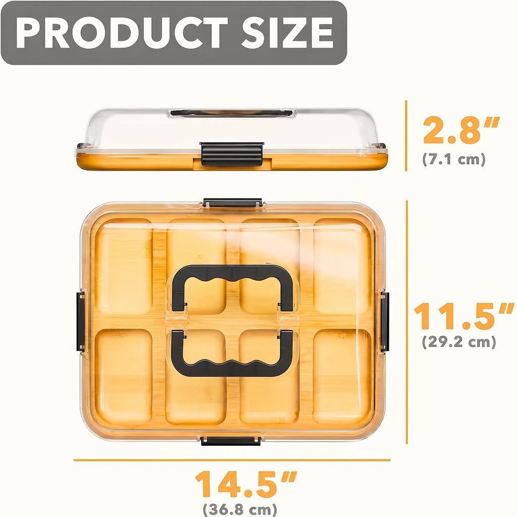 1pc Bamboo Cheese Tray with Transparent Acrylic Lid - Portable Deli Platter for Camping, Parties, Restaurants | Serving Tray for Holiday Appetizers, Charcuterie & Snacks, Party Snack Organizer, Secure Snapon Lid