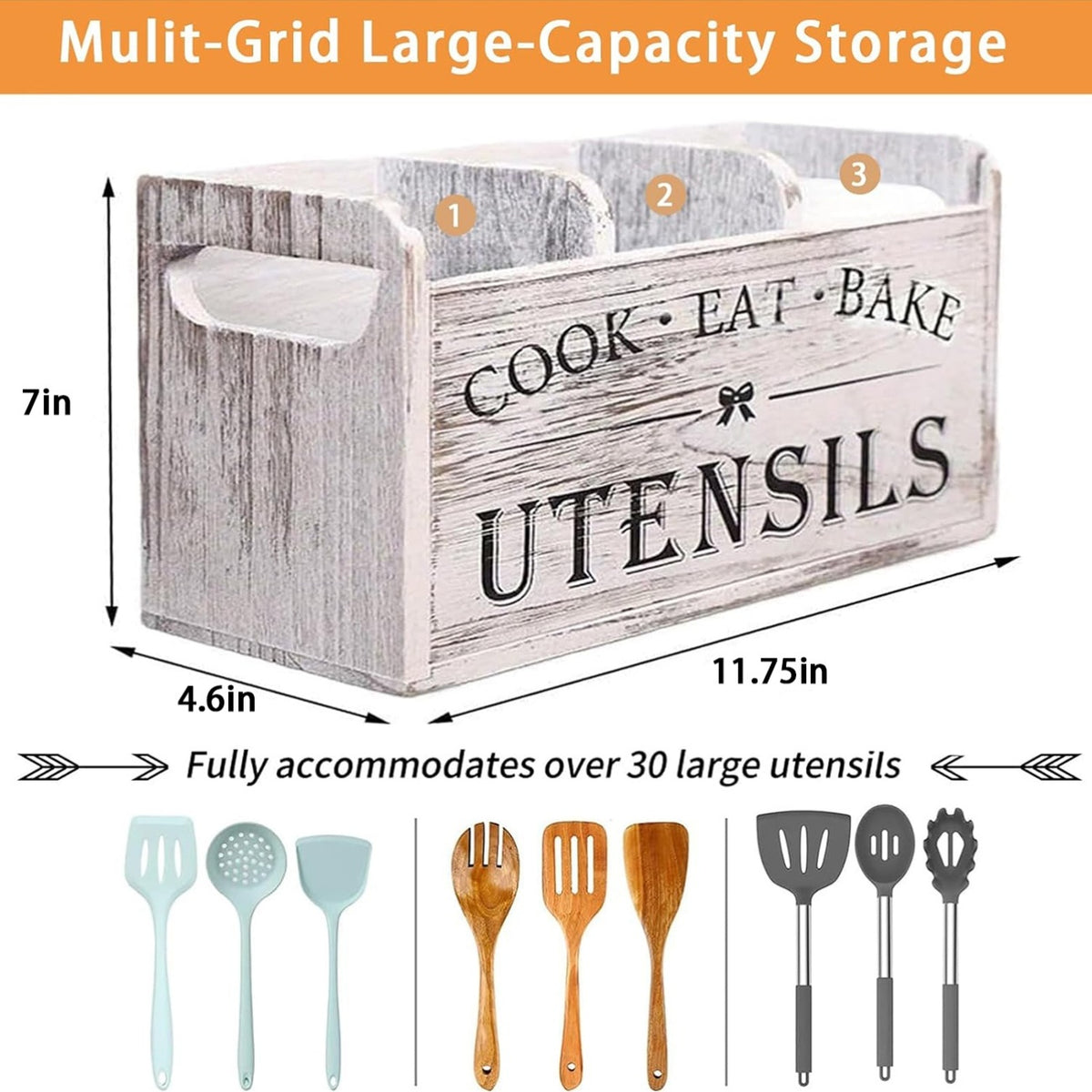 1pc of a Spacious Rustic Wooden Organizer for Kitchen Utensils, Featuring a Handle And Three Compartments. It Can Be Placed on The Countertop Or Mounted on The Wall, Making It Ideal for Storing Cooking, Dining, And Baking Tools