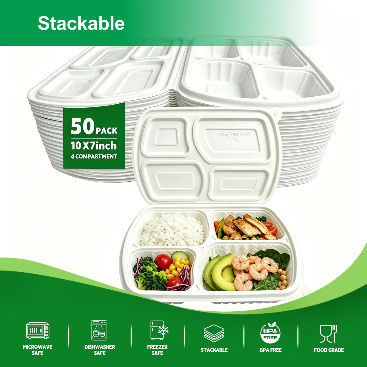 50-Pack 4-Compartment White Clamshell Meal Prep Containers, Disposable Bento Box, Food Storage Container, Bpa-Free, Stackable, Portion Control, Freezer/Microwave Safe, Great for Labor Day, Picnics, Parties & Outdoor Events, Local Warehouse