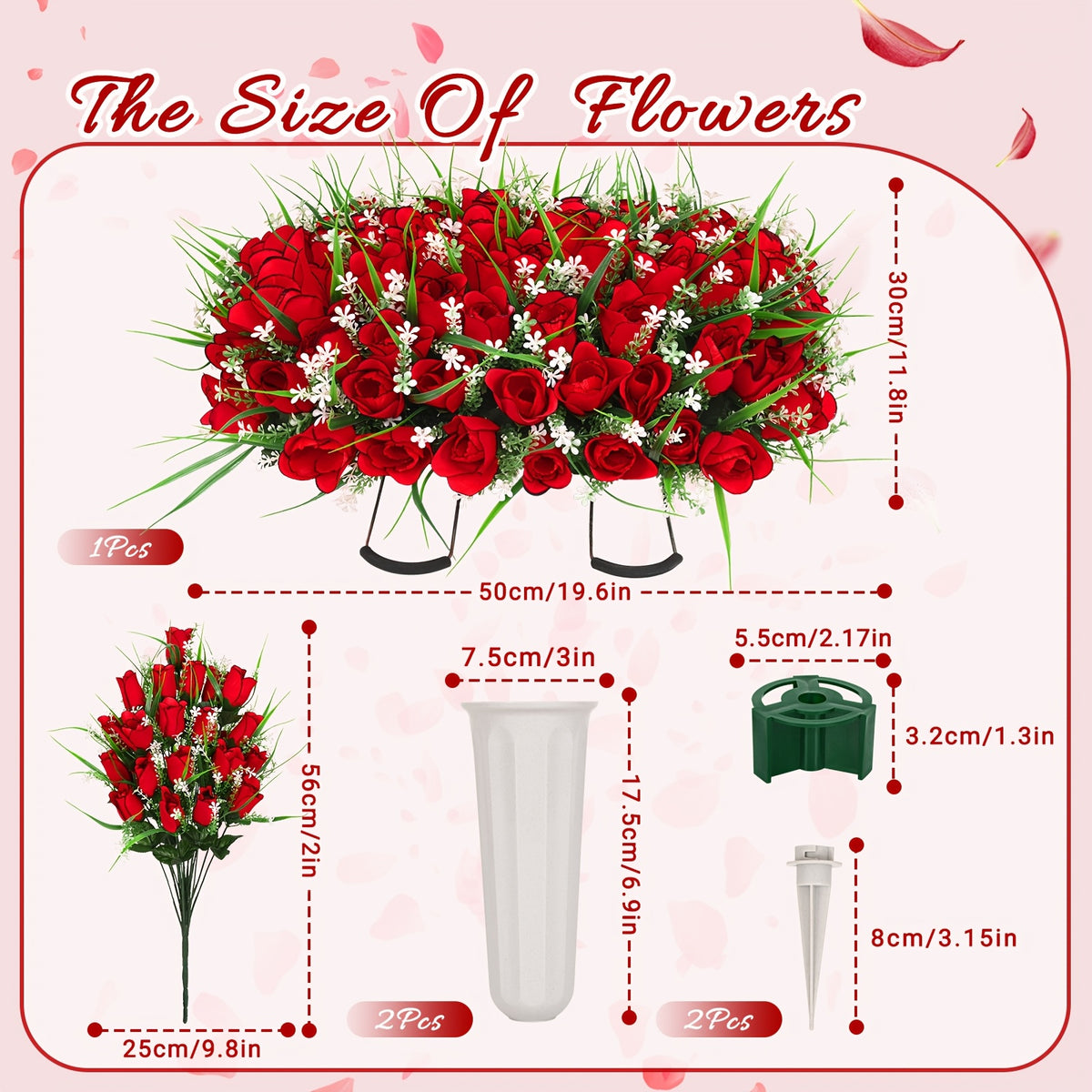 1/2/3pcs Artificial Cemetery Flower For Grave With Saddles, Artificial Silky Rose Flowers And Bouquets With Vases, Memorial Day Flowers For Cemetery, Outdoor Grave Headstones Decoration