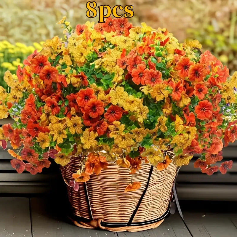 8 Artificial Autumn Bouquets- UV-resistant Non-fading Orange Chrysanthemum Decoration, Suitable for Home, Porch, Garden, Wedding Decoration- Four Seasons Indoor/outdoor Decoration, Low Maintenance Design, Durable Plastic Material, Multi-scene Autum
