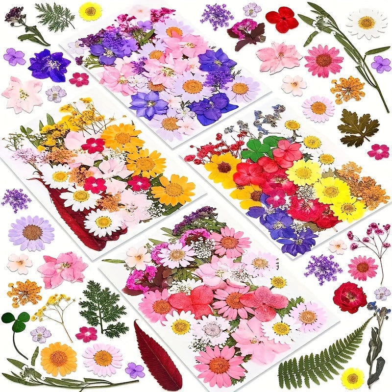140pcs Vibrant Dried Flowers and Leaves Set - Nature-Inspired Decoration Kit for DIY Crafts, Resin Jewelry, Scrapbooking and More
