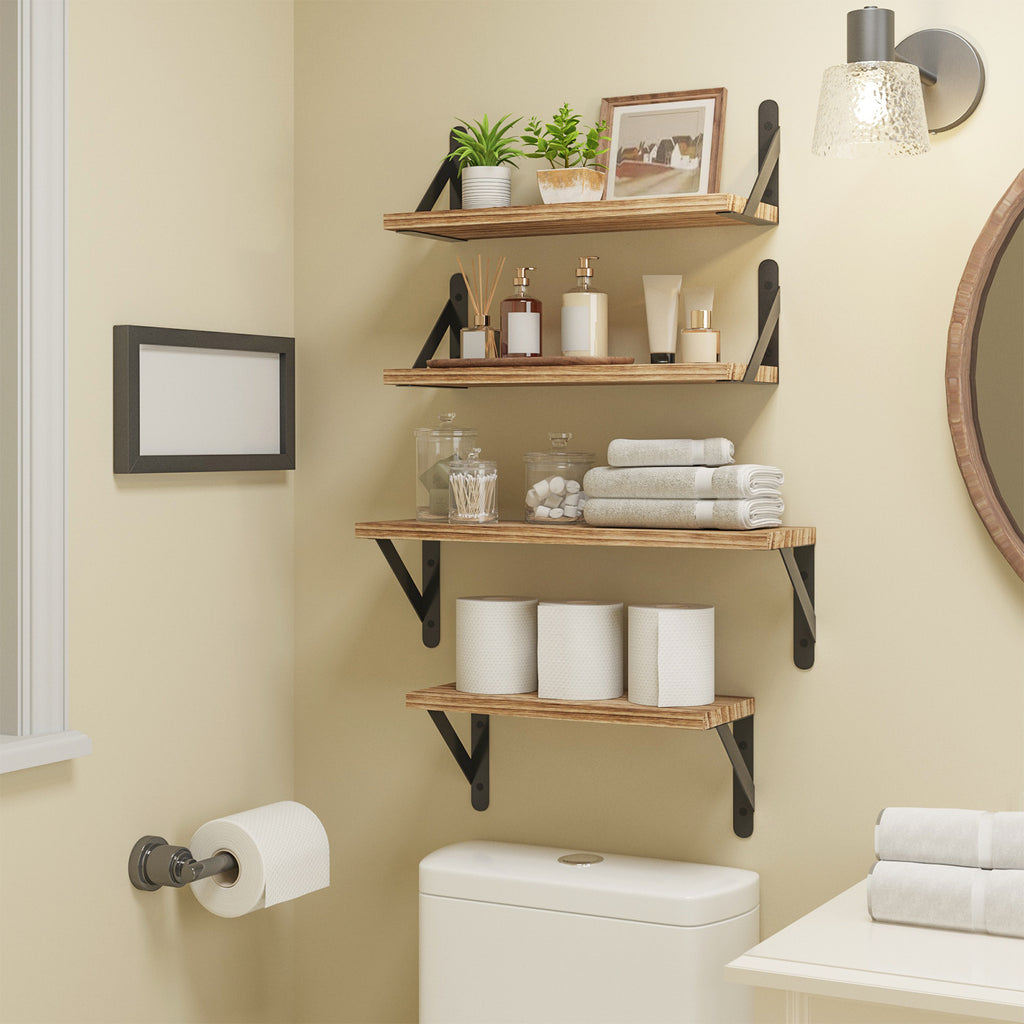 Farmhouse Floating Wall Shelves, Set of 4 Different-Size Natural Wood Boards with Triangle Metal Brackets for Bedroom, Bathroom and Kitchen Storage