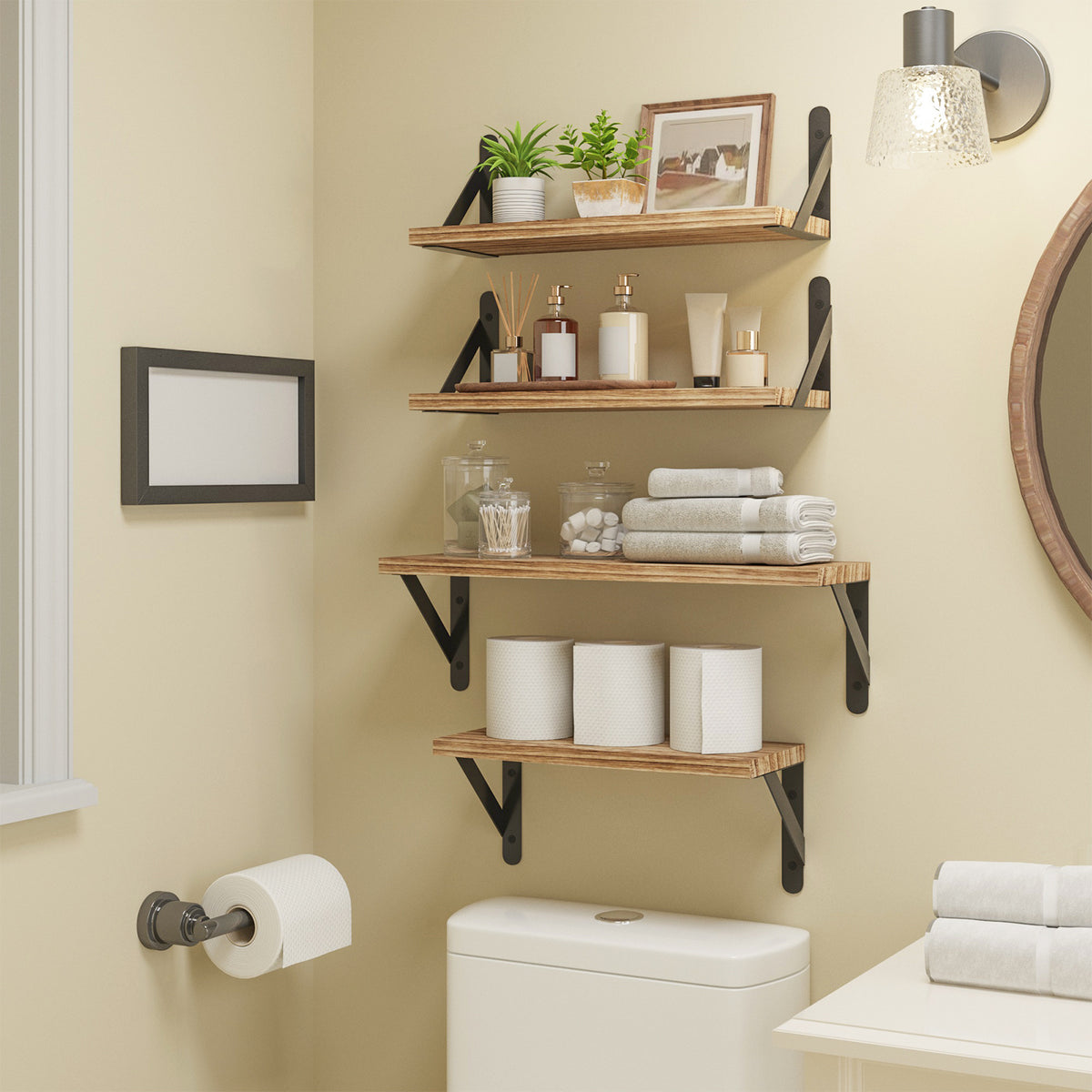 Farmhouse Floating Wall Shelves, Set of 4 Different-Size Natural Wood Boards with Triangle Metal Brackets for Bedroom, Bathroom and Kitchen Storage