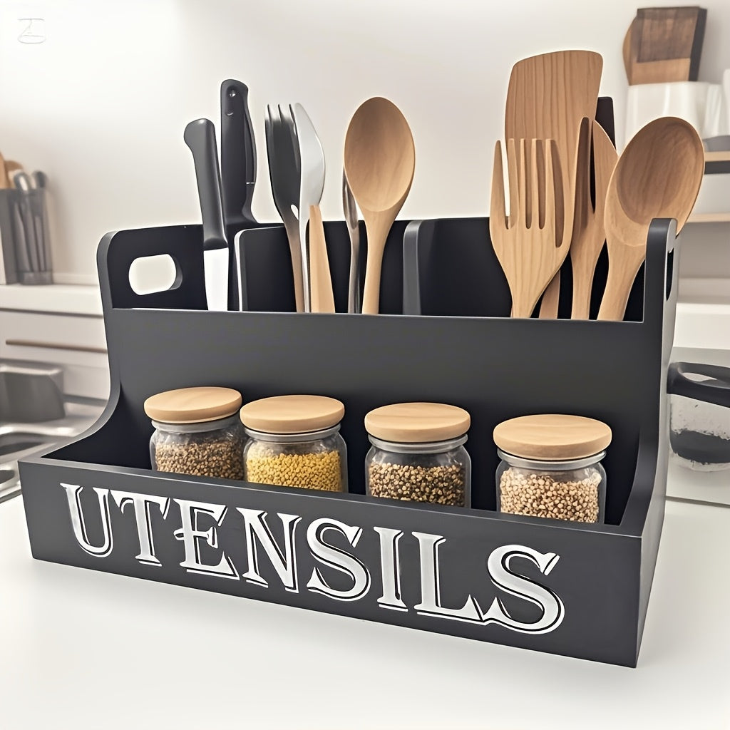 Extra Large Kitchen Utensil Organizer with 4 Compartments, White Wooden Kitchen Utensil Organizer for Kitchen Countertops, Farmhouse Utensil Storage, Rustic Cooking Utensils - White.