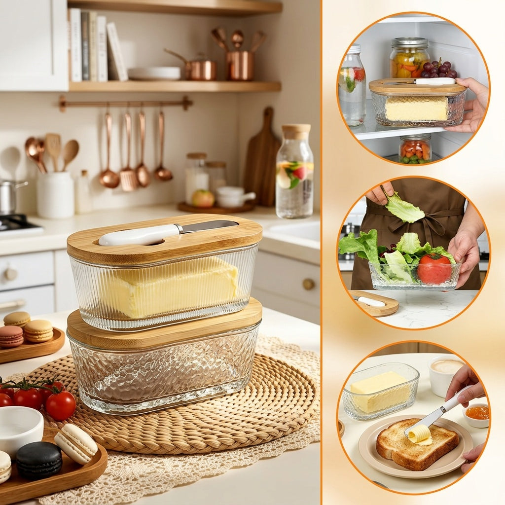 Striped Glass Butter Dish with Sealed Lid, Clear Covered Butter Storage Container for Refrigerator Organization, Kitchen Counters and Breakfast Tables