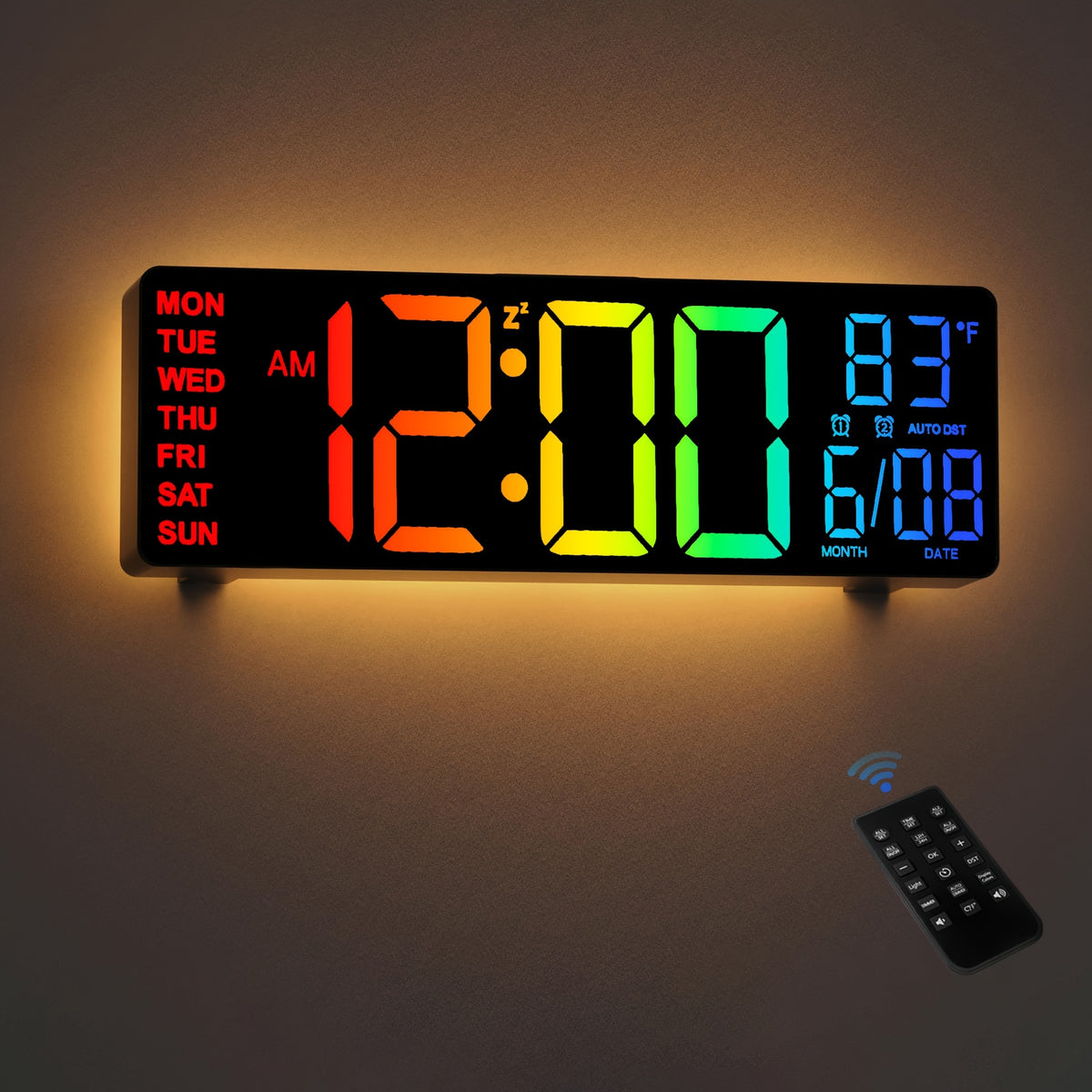 10.5 Inch Large Digital Wall Clock with Dual Alarms, Night Light, Large LED Screen Display, 8 RGB Colors, Auto DST, Temperature, Brightness Adjustment for Living Room, Bedroom, Kitchen Elderly Gift