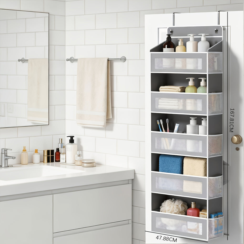 Hanging Door Storage Organizer, 5-Tier Fabric Pocket Organizer with Mesh Fronts for Bathroom Toiletries, Bedroom Essentials and Pantry Supplies