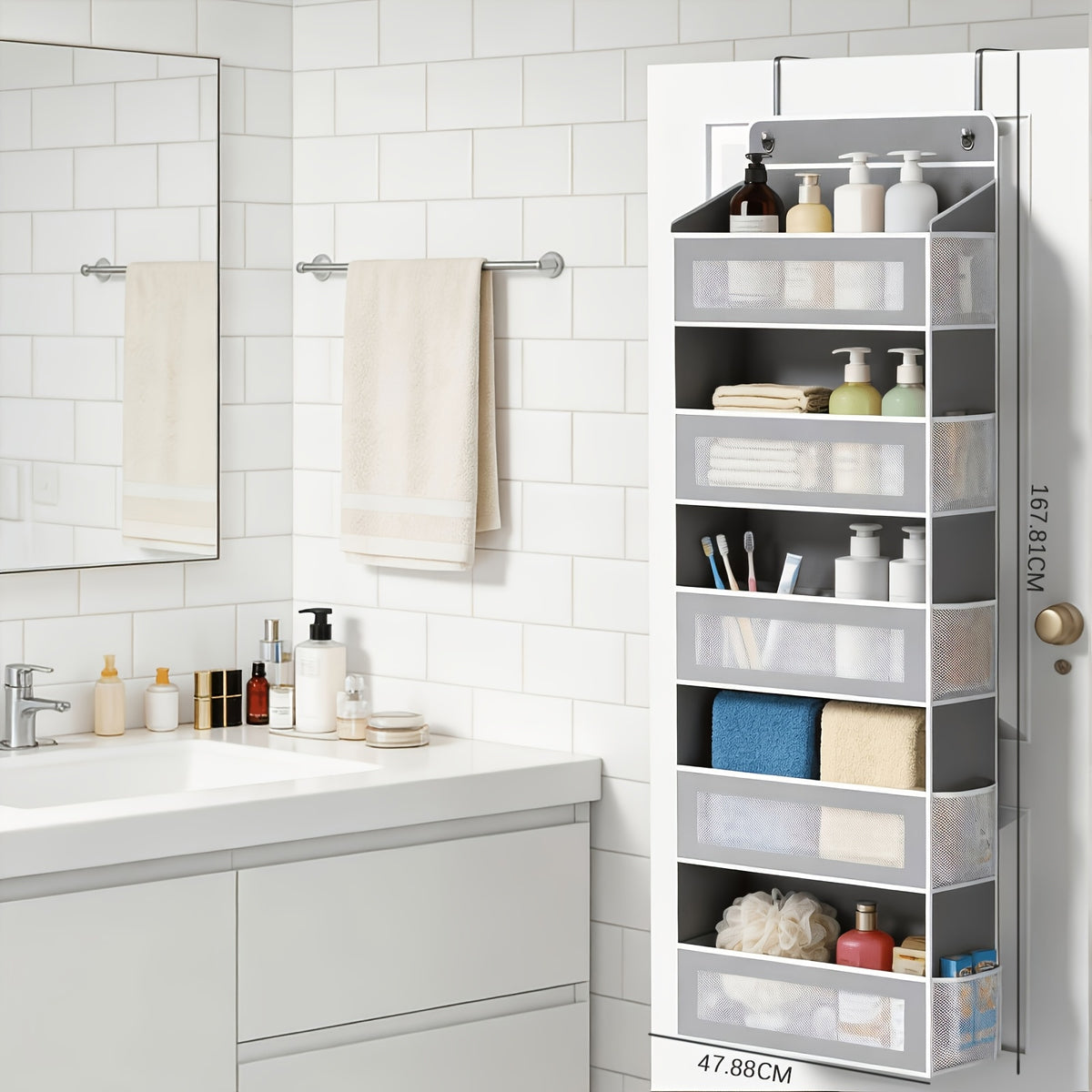 Hanging Door Storage Organizer, 5-Tier Fabric Pocket Organizer with Mesh Fronts for Bathroom Toiletries, Bedroom Essentials and Pantry Supplies