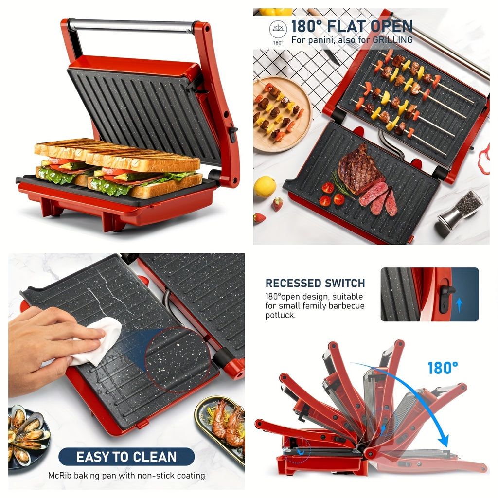 3-in-1 Electric Indoor Grill - Panini Press With Non-Stick Cooking Plates, Opens 180-Degree Gourmet Sandwich Maker, Floating Hinge Fits All Foods, Panini Press Grill With Grease Tray