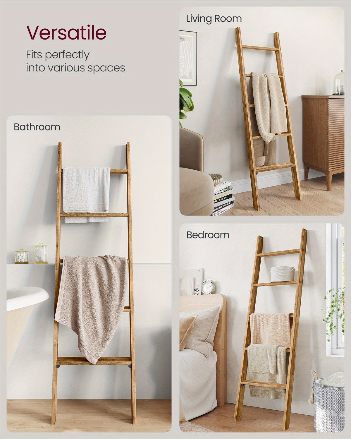 5-Tier Blanket Ladder Decorative Farmhouse for The Living Room, Maroon Brown Ladder Rack for Storage and Decor, Ladder Shelf, Towel Racks