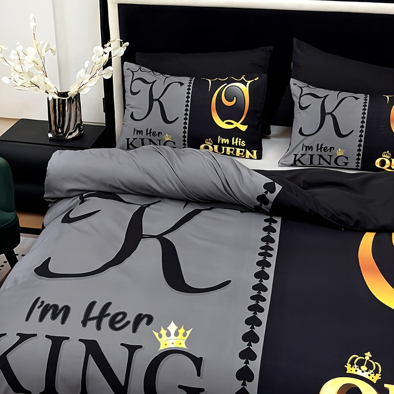 3pcs Super Soft Breathable Crown King And Queen Letter Duvet Cover Set (1 Duvet Cover+2 Pillowcases Without Pillow Core), at Home Dormitory High Definition Numerical Code Printing for Bedroom, Guest Room Decor, Suitable for All Seasons