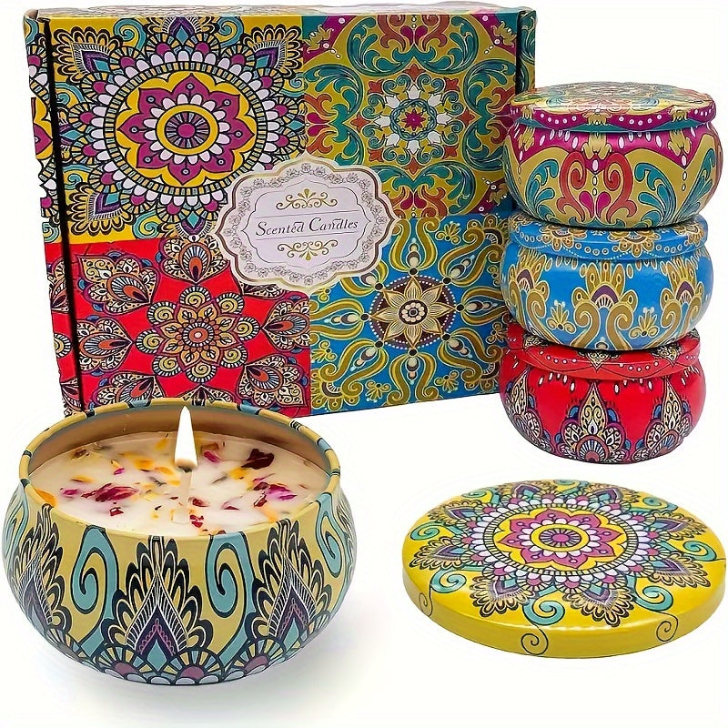 4 Scented Candles, Jasmine, Woody Scent, Lavender And Rose Fragrance, Suitable for Relaxation, Bath, Yoga-Perfect Holiday Gift, Random Color, Candle Box