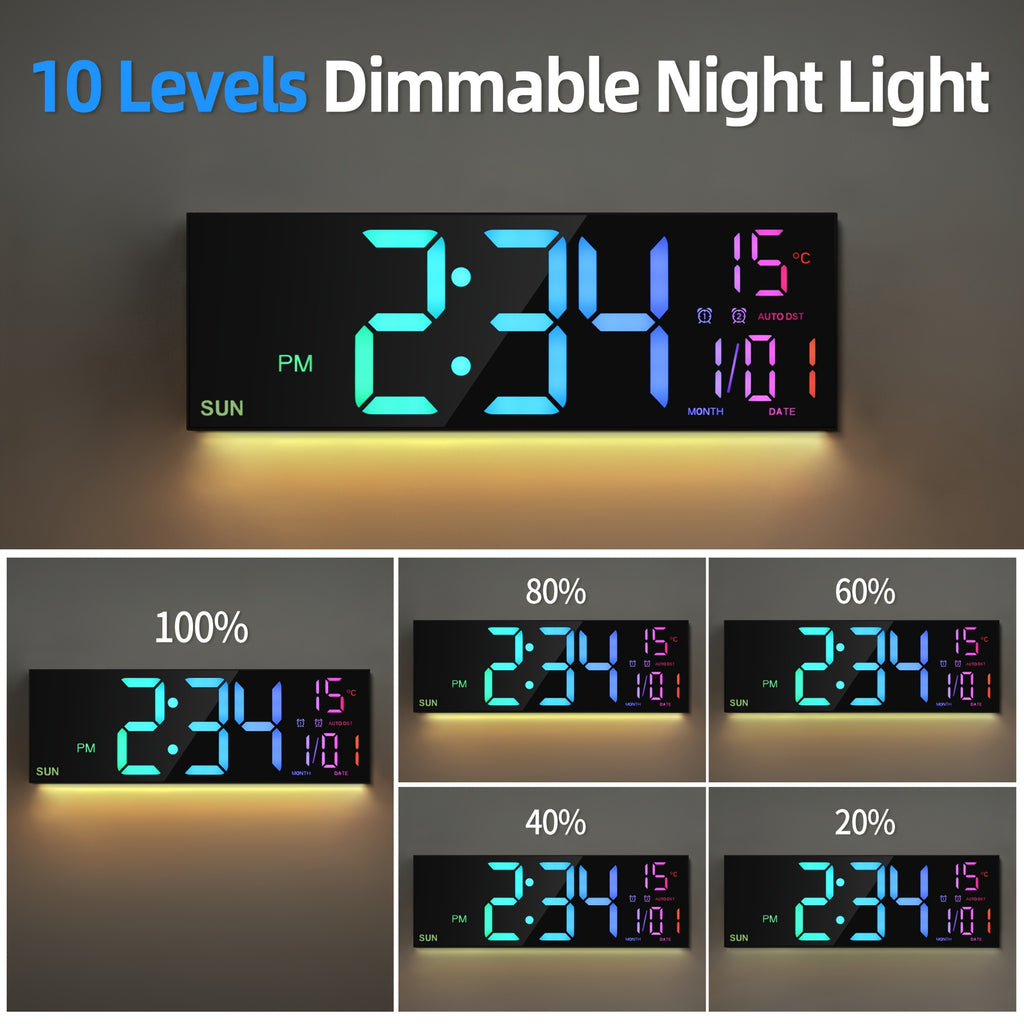 16.5'' Large Digital Wall Clock with Remote Control, Big LED/2 Alarms/8 RGB/Auto Brightness/Date/Auto DST/Temperature/Ambient Light/Dimming/Timer, Gym Clocks for Living Room, Bedroom, Office, Kitchen Home Decor, Easter Decorations, Mother's Day Gifts