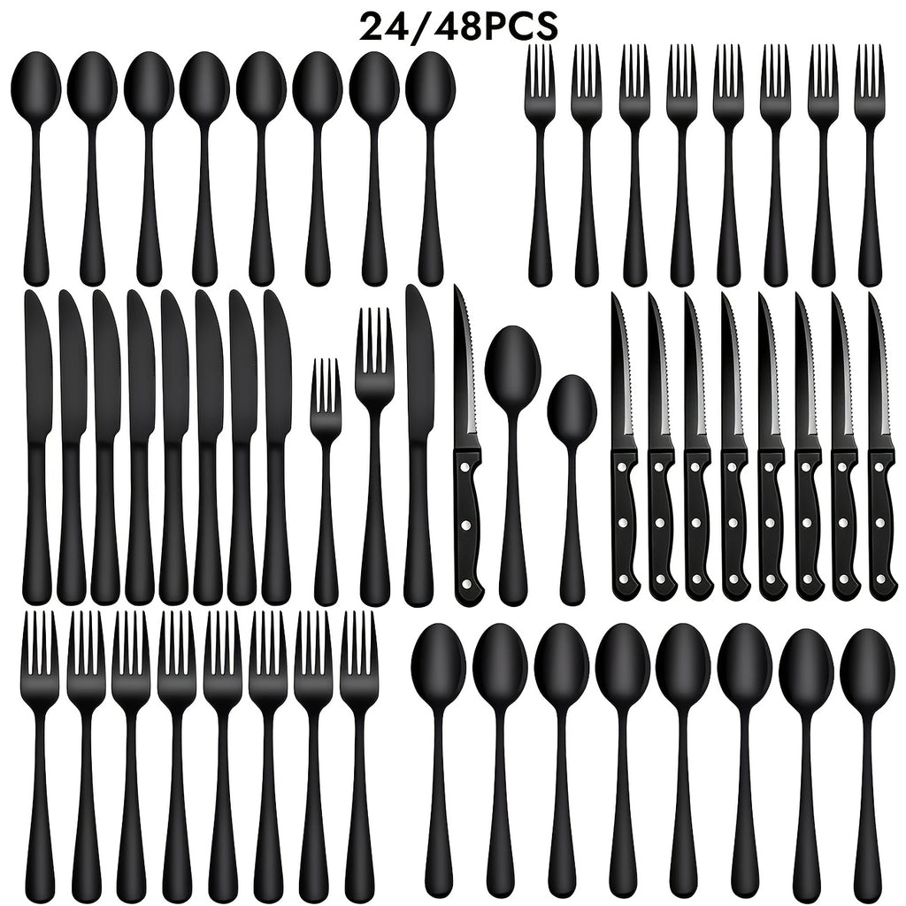 24/48pcs Black Silverware Set With Steak Knives Service For 4/8, Christmas Stainless Steel Flatware Set, Mirror Polished Kitchen Accessories, Home Kitchen Party Eating Tableware Set, Include Fork Knife Spoon Set, Dishwasher Safe (Silver, Black)