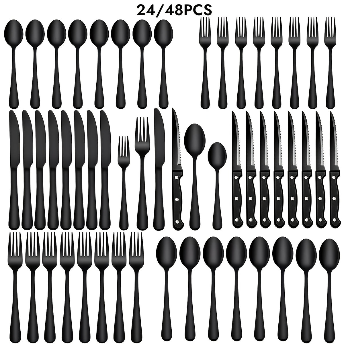 24/48pcs Black Silverware Set With Steak Knives Service For 4/8, Christmas Stainless Steel Flatware Set, Mirror Polished Kitchen Accessories, Home Kitchen Party Eating Tableware Set, Include Fork Knife Spoon Set, Dishwasher Safe (Silver, Black)