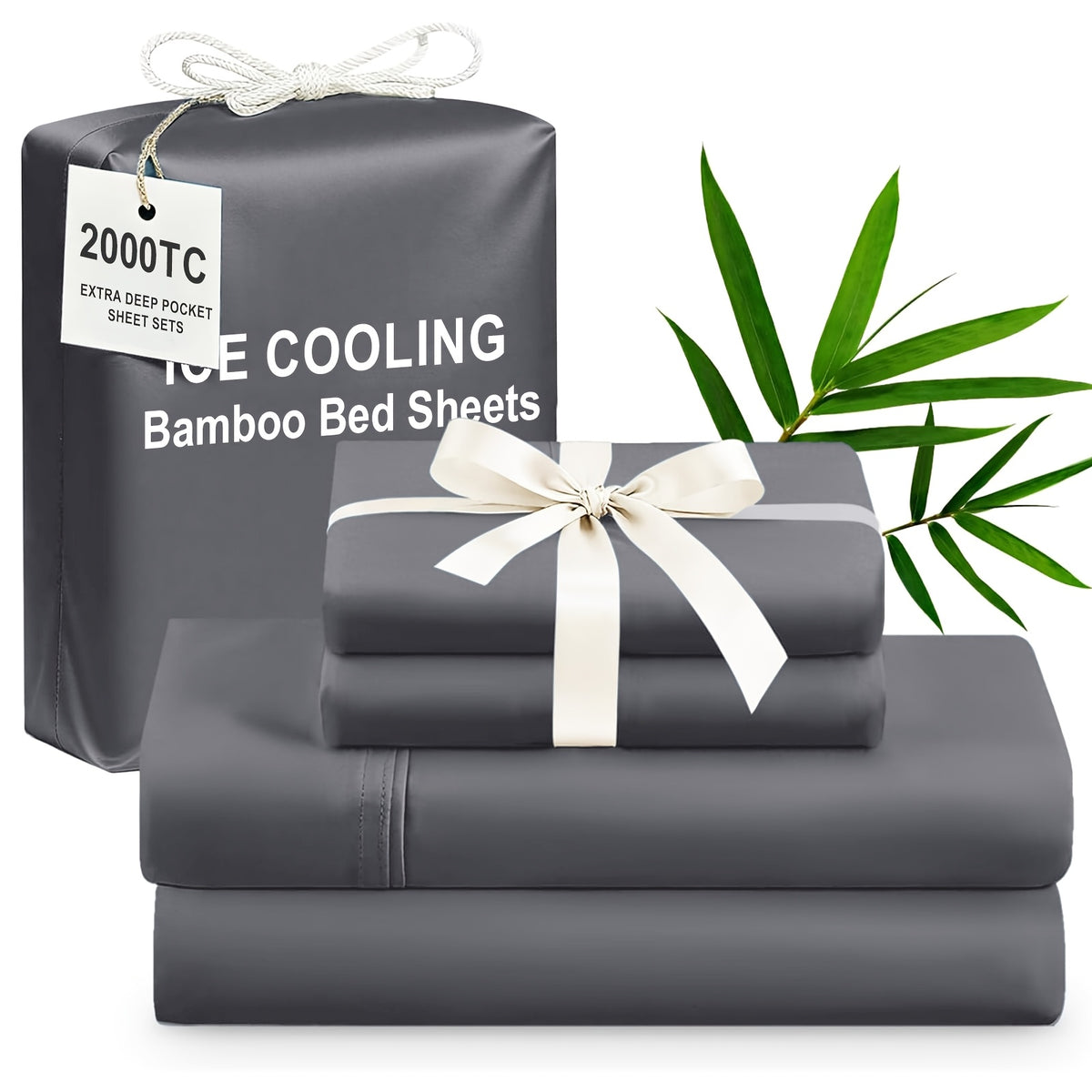 4pcs Bamboo Cooling Bedding - Extra Deep Pocket Breathable And Cooling - Suitable for Hot Sleepers And Sweats, Children Pillowcases, Flat Sheet And Fitted Sheet - A Perfect Gift for Family, Queen And King Sizes