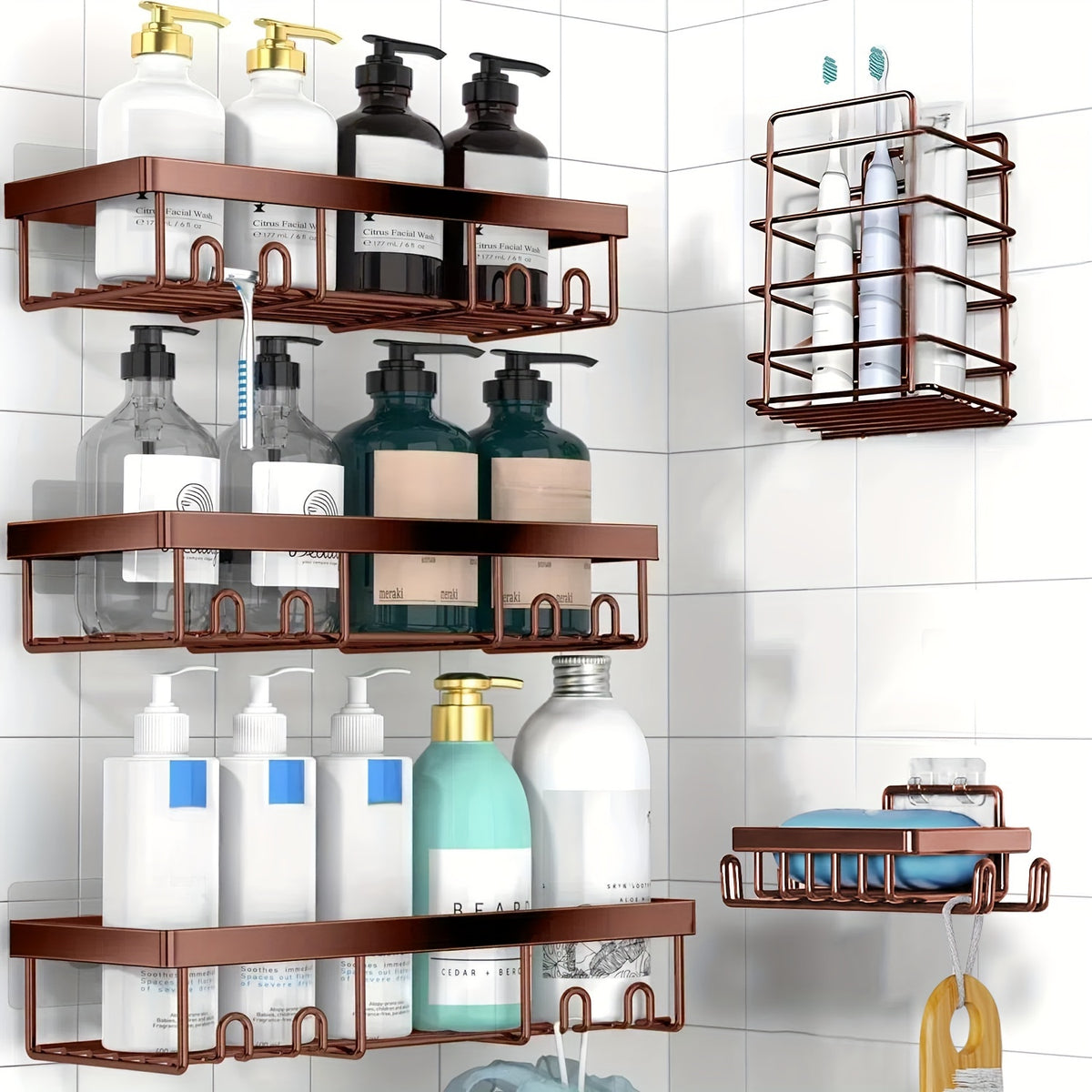 Shower Caddy, 5 Pack Shower Organizer Rack for Inside Shower, Self Adhesived Shower Shelf Large Capacity Rustproof Stainless Steel Bathroom Wall Storage Shower Basket, Random Color Properties to Choose, Shower Caddies